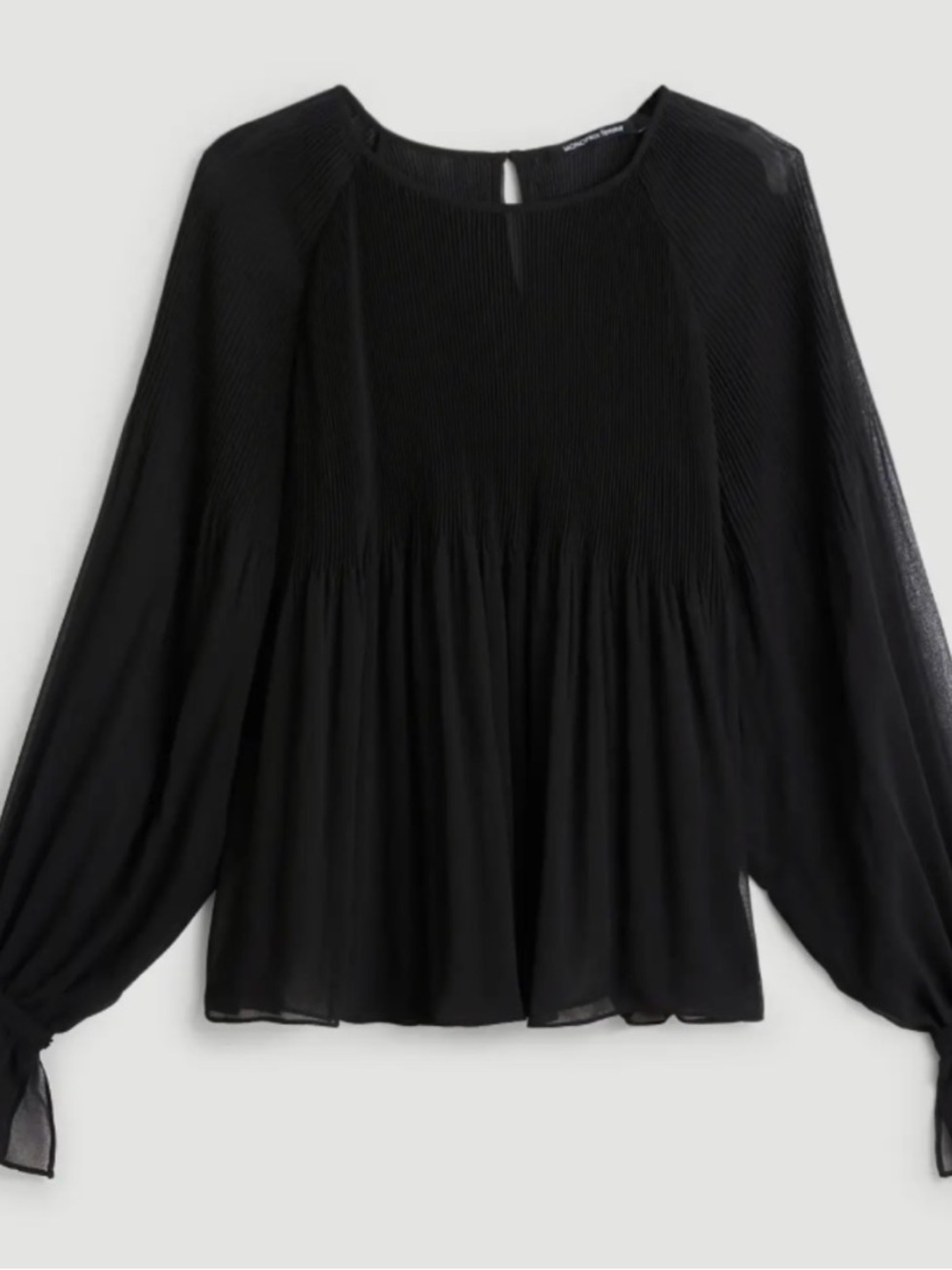 Sheer Black Pleated Long-Sleeve Flowy Blouse with Tie Cuffs
